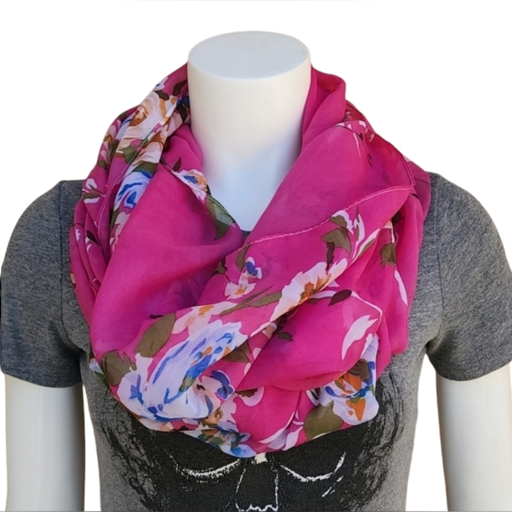 VINTAGE Oversized Infinity Chiffon Scarf Floral Wrap Shabby Chic Cottagecore - Picture 12 of 13